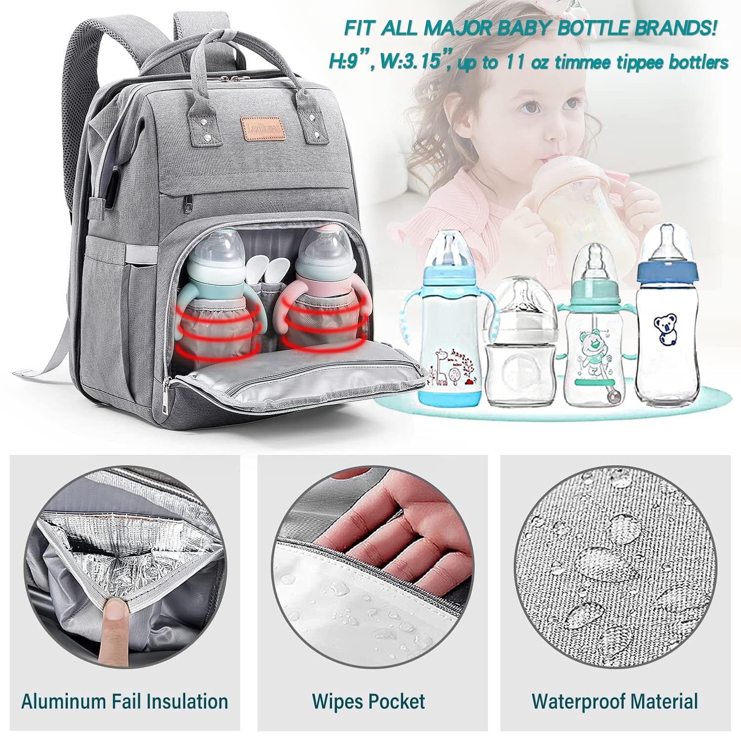Diaper Bag Backpack, Large Capacity Multifunction Baby Bag for Boy Girl, Travel for Moms Dads, Baby Registry Search Shower Gifts Waterproof and Stylish Gray