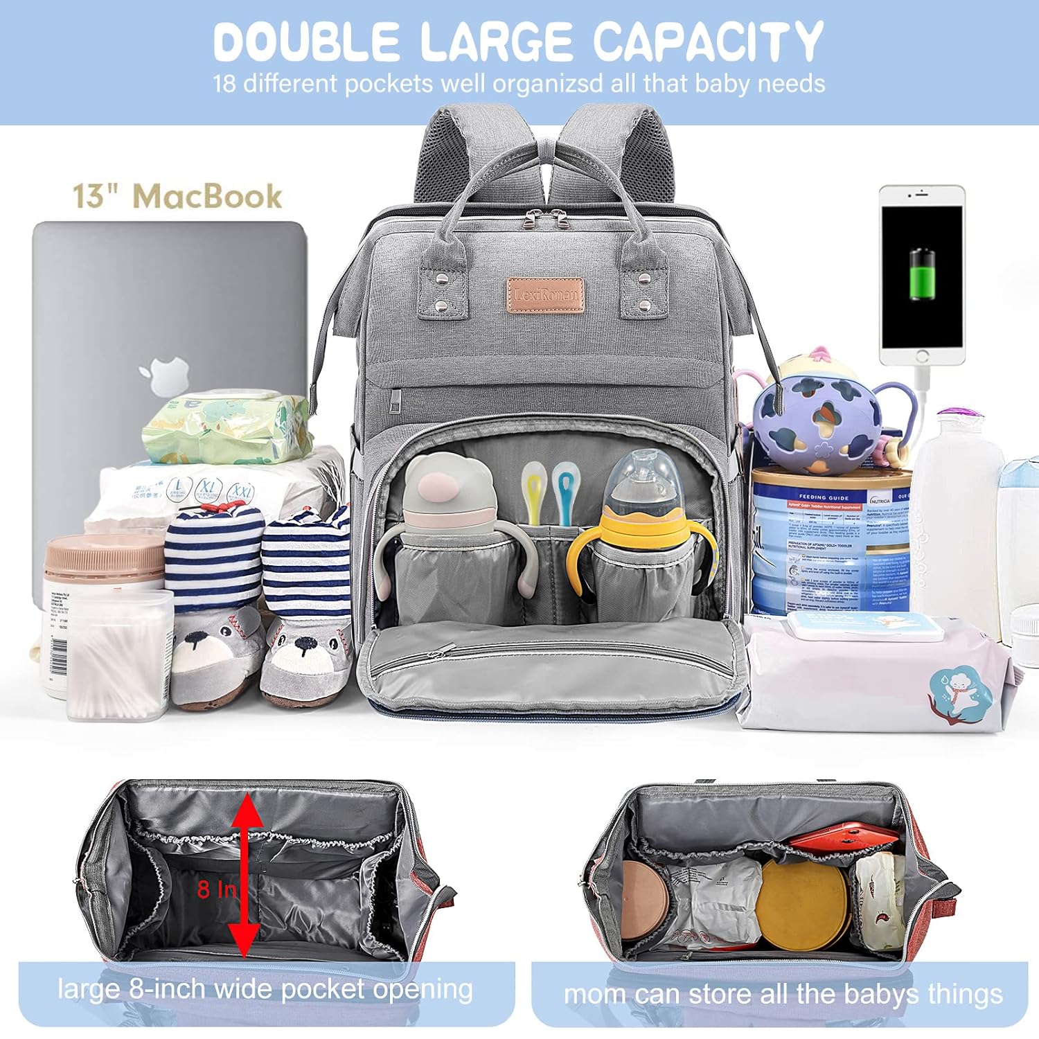 Diaper Bag Backpack, Large Capacity Multifunction Baby Bag for Boy Girl, Travel for Moms Dads, Baby Registry Search Shower Gifts Waterproof and Stylish Gray