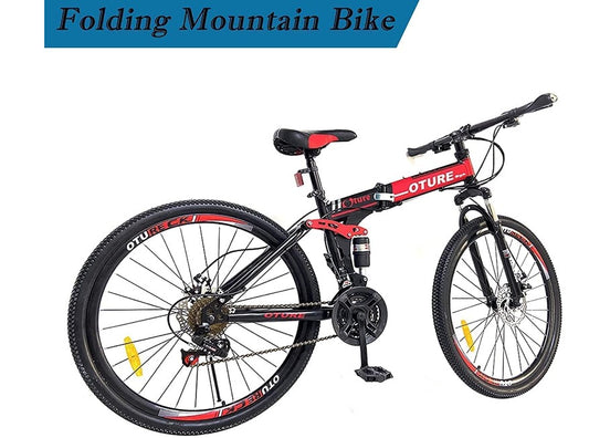 26 Inch Folding Mountain Bike, Oture 21 Speed Bicycles Full Suspension for Men or Women Lightweight MTB with Double Disc-Brake